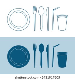 disposable serving kitchen utensil, plastic cutlery, plate, spoon, fork, knife, cup and straw, picnic tableware vector set, line and fill icons