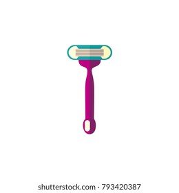 Disposable shaving razor with narrow handle, hair removal tool, flat style icon, vector illustration isolated on white background. Flat icon of traditional disposable lady shaving razor