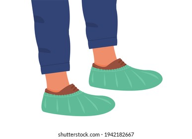 Disposable Shoes Covers on boots. Notice for clinic or hospital. Banner or Poster Wear Shoe Covers. Flat vector illustration isolated on white. 