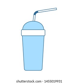Disposable Soda Cup And Flexible Stick Icon. Thin Line With Blue Fill Design. Vector Illustration.