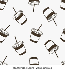 Tazas de refresco desechables con tapas y pajitas sin patrón. Ilustración de contorno negro sobre fondo blanco. Concepto de bebidas y comida rápida 