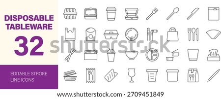 Disposable tableware icon set. Containing bowl, bag, box, catering, container, cup and more. Editable line icons. Vector illustration.