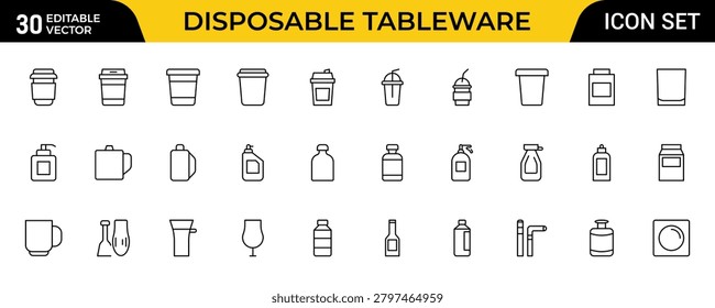 Disposable Tableware Outline Icon Set for Single-Use Utensils, Food Service Packaging, Catering Supplies and Takeaway Dining Vector Collection