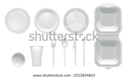 Disposable tableware realistic mockup of white plastic items for picnic isolated vector illustration