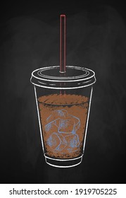 Disposable takeaway coffee cup with iced coffee isolated on black chalkboard background. Vector chalk drawn sideview grunge illustration.