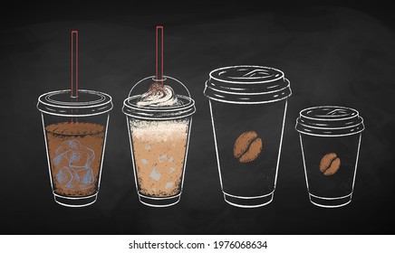 Disposable takeaway coffee cups collection isolated on black chalkboard background. Vector chalk drawn sideview grunge illustration.