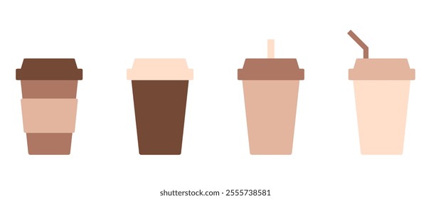 Disposable takeaway cup for hot drinks, coffee, tea, chocolate clipart collection. Hand drawn isolated vector mug set. 