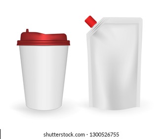 Disposable takeaway drink cup and spouted pouch with screw cap isolated on white background, realistic vector template.