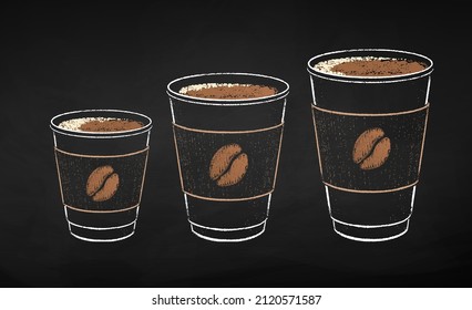 Disposable takeaway open paper coffee cups in three sizes. Isolated on black chalkboard background. Vector chalk drawn sideview grunge illustration.