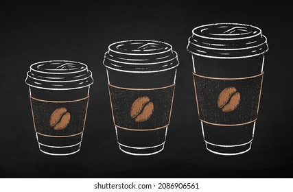 Disposable Takeaway Paper Coffee Cups In Three Sizes Isolated On Black Chalkboard Background. Vector Chalk Drawn Sideview Grunge Illustration.