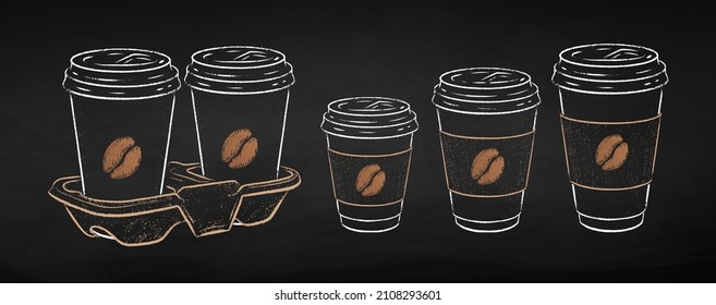 Disposable takeaway paper coffee cups in three sizes and cup carrier. Isolated on black chalkboard background. Vector chalk drawn sideview grunge illustration.