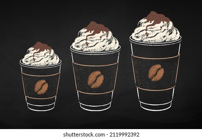Disposable takeaway paper coffee cups in three sizes with whipped cream. Isolated on black chalkboard background. Vector chalk drawn sideview grunge illustration.