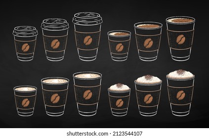 Disposable takeaway paper coffee cups in three sizes open and closed. Isolated on black chalkboard background. Vector chalk drawn sideview grunge illustration.