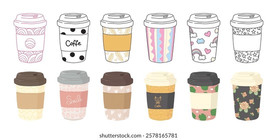 Disposable takeaway paper coffee cups in cute doodle outline design and colorful cozy style hand drawn isolated set. Recyclable utensils for latte, cappuccino, tea, espresso drinks vector illustration