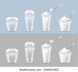 Disposable transparent plastic cup with ice cream and silver spoon.