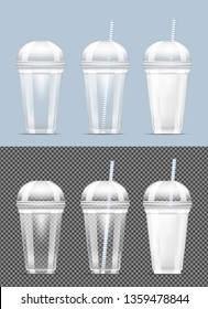 Disposable transparent plastic cup with milk.