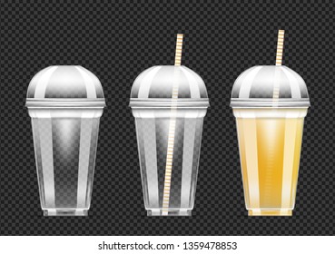 Disposable transparent plastic cup with orange juice.