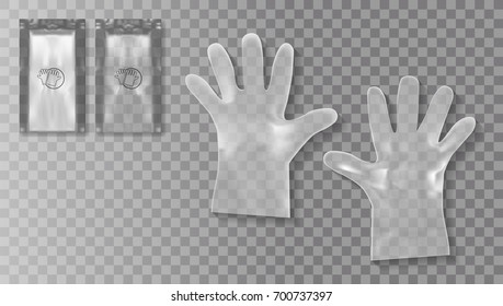 Disposable Transparent Plastic Gloves With Packing For Medical Use Or Cosmetics Purpose. EPS10 Vector