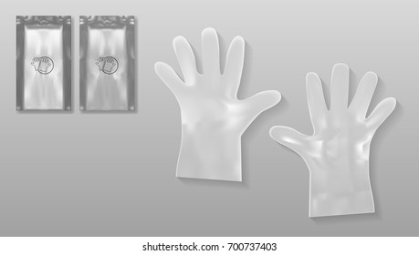 Disposable Transparent Plastic Gloves With Packing For Medical Use Or Cosmetics Purpose. EPS10 Vector