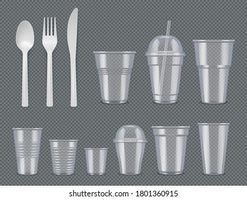 Disposable utensils. Plastic tableware knives forks spoons glasses cups vector realistic template