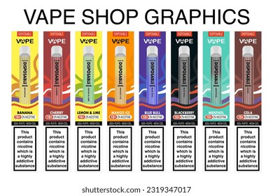 Disposable vape in box multiple colours or flavours, disposable vaporisers lined up next to each other