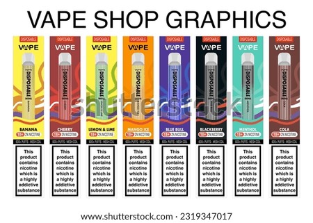 Disposable vape in box multiple colours or flavours, disposable vaporisers lined up next to each other