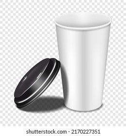 Disposable white blank paper takeaway coffee cup with open black plastic lid on transparent background. Realistic vector mock-up. Template for design