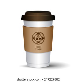 Disposable white coffee cup with brown lid and paper holder. Round logotype with three coffee beans. Shadowed. Isolated. Perfect for coffee shop interior, website, products decor. Vector illustration.