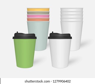 Disposable white and color paper coffee cups with black plastic lids, mock-up. Blank takeaway drink mug stack, mockup. Vector template.