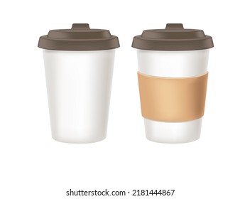 Disposable white paper coffee cup with plastic drinking lids vector illustration isolated on white background