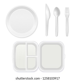 Disposable white plastic plate cutlery knife fork spoon lunchbox top view realistic tableware set isolated vector illustration