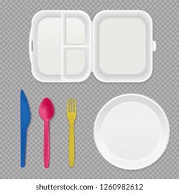 Disposable white plastic plate lunchbox and colorful cutlery top view realistic tableware set transparent background vector illustration
