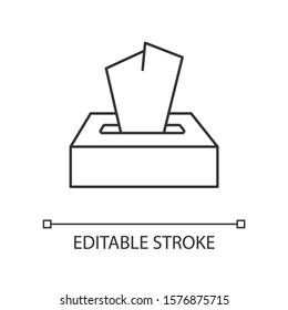 Disposable wipes linear icon. Box with tissues. Toilet paper in stack. Handkerchief. Changing towel. Thin line illustration. Contour symbol. Vector isolated outline drawing. Editable stroke