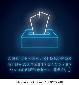 Disposable wipes neon light icon. Box with tissues. Toilet paper in stack. Handkerchief. Cleansing product. Glowing sign with alphabet, numbers and symbols. Vector isolated illustration