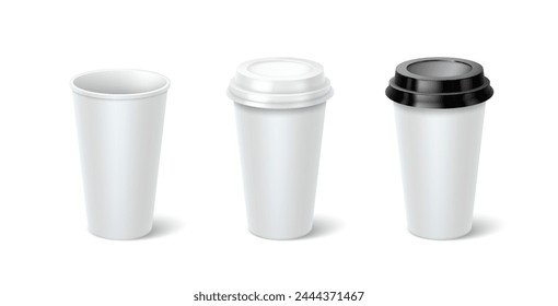 Disposal cups with copy space 3d realistic vector illustration set. Hot drinks mugs design template. Take away service on white background