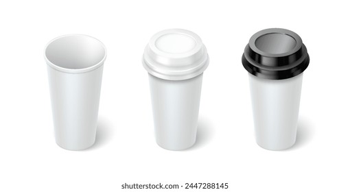 Disposal cups with copy space 3d realistic vector illustration set. Hot drinks mugs design template. Take away service on white background