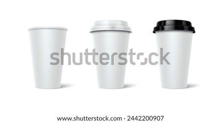 Disposal cups with copy space 3d realistic vector illustration set. Hot drinks mugs design template. Take away service on white background