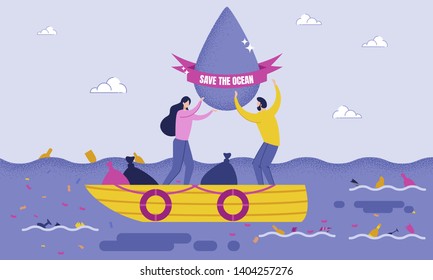Disposal Garbage in Sea or Ocean Cartoon Flat Vector Illustration. Volunteers Scavenge from Water While on Boat and Put Garbage in Packages. Purification Water from Debris. Taking Care.