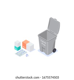 Disposal Of Hazardous Household Waste From Expired Drugs. Vector Isometric Illustration On A White Background.