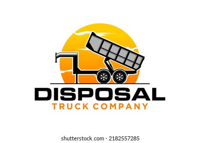 Disposal truck company logo design dump truck icon junk removal industry illustration symbol with sunset element