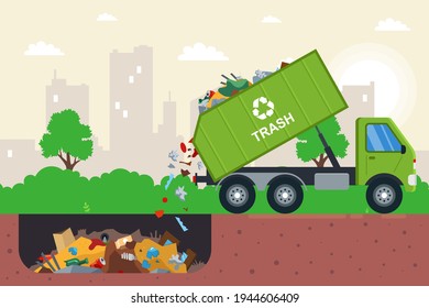 disposal of waste in a garbage pit. it is illegal to put garbage in. flat vector illustration.