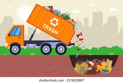 disposal of waste in a garbage pit. it is illegal to put garbage in. flat vector illustration.