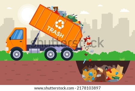disposal of waste in a garbage pit. it is illegal to put garbage in. flat vector illustration.