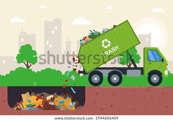 disposal of waste in a garbage pit.\
it is illegal to put garbage in. flat vector\
illustration.