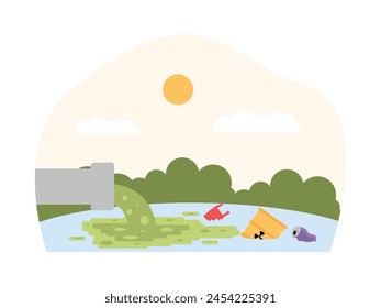 Disposal of waste into rivers can damage water quality, pollution vector illustration.