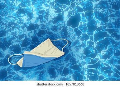 Dispose of face mask properly. Incorrect disposal of medical supplies. Used mask floating on the sea surface. Safe ecology concept. Polluted water.  Landscape poster background. Vector illustration