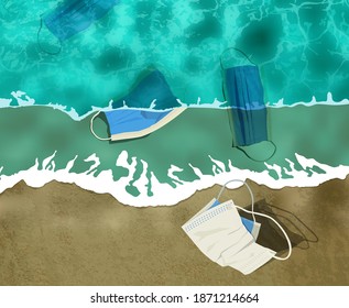 Dispose of face mask properly. Incorrect disposal of medical supplies. Used mask floating on the sea surface. Safe ecology concept. Polluted water.  Landscape poster background. Vector illustration