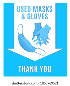 Dispose of face masks here. Correct disposal of medical supplies. Vertical poster for a trash can, bin for throwing out used individual protective equipment in hospital, clinic. Vector illustration