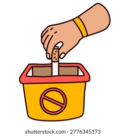 disposing cigarette butt into small yellow container