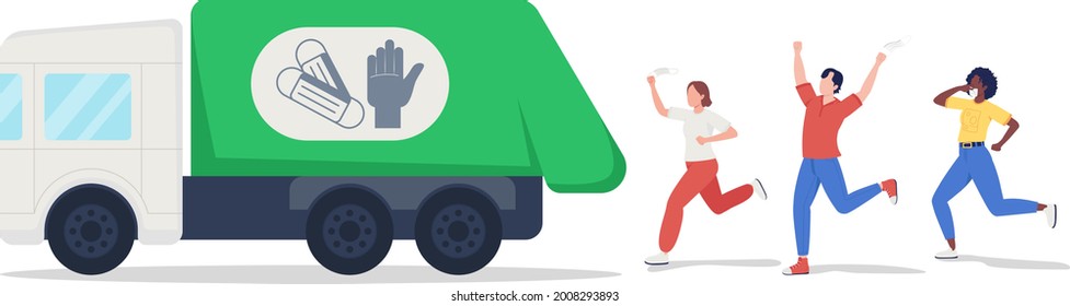 Disposing Masks And Gloves Semi Flat Color Vector Characters. Joyful Figures. Full Body People On White. Back To Normal Life Isolated Modern Cartoon Style Illustration For Graphic Design And Animation